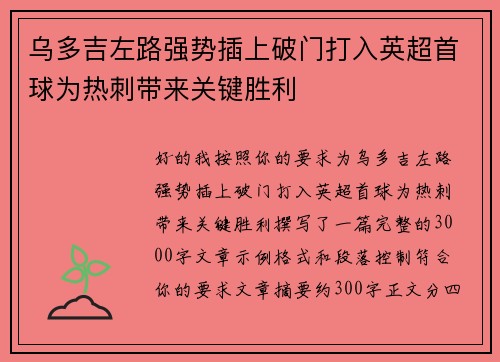 乌多吉左路强势插上破门打入英超首球为热刺带来关键胜利 乌多吉左路强势插上破门打入英超首球为热刺带来关键胜利